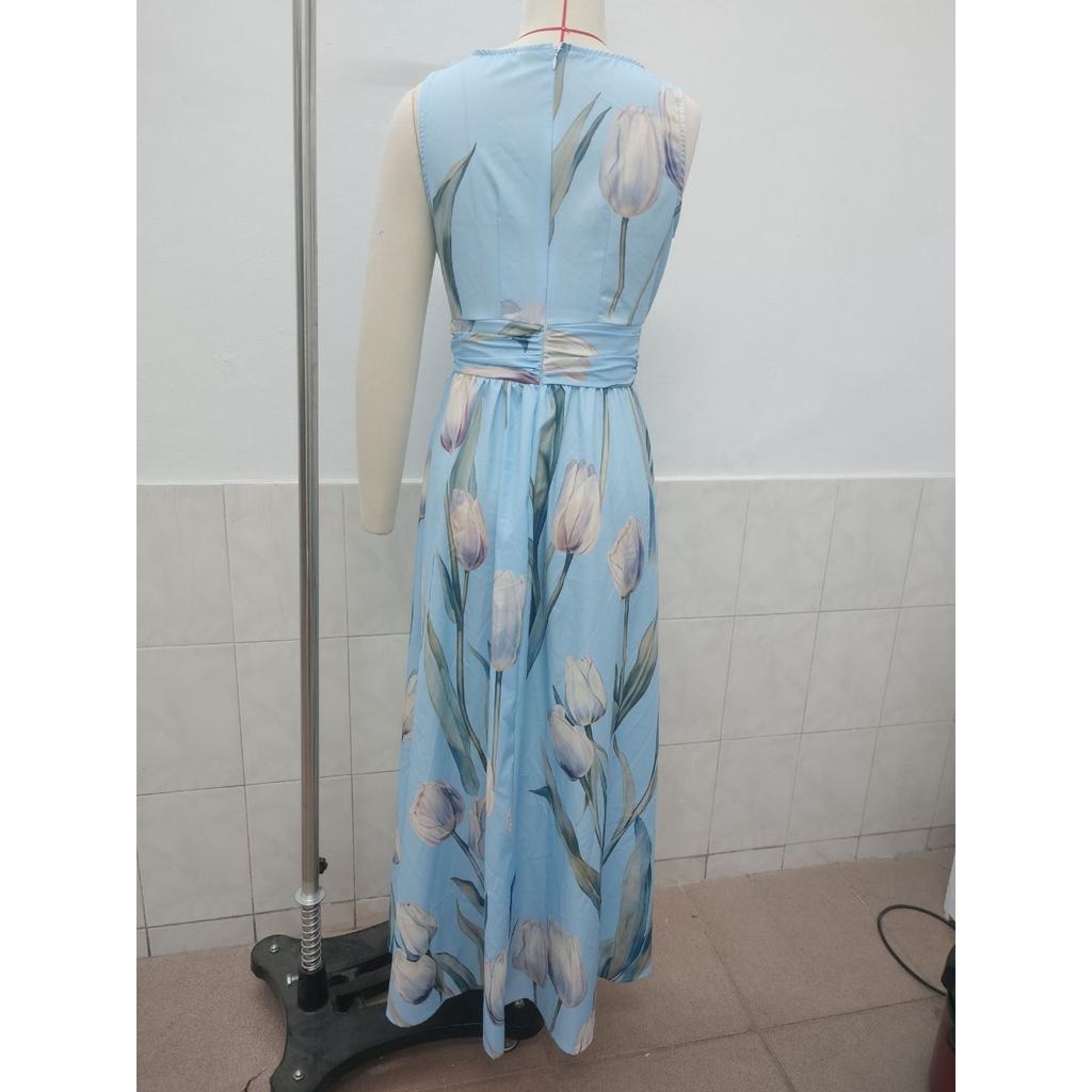 New Women's Tulip Print Sleeveless V-Neck Elegant Long Evening Dress for Women, European American Style Party Gown