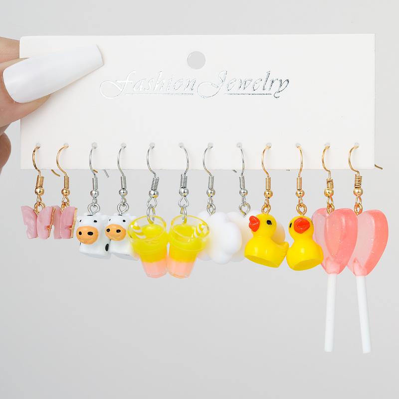 Sweet Pink Cartoon Duck Earrings Set Cute Romantic Animal Butterfly Heart Dangle Earrings for Women Girls Trendy Jewelry Gift