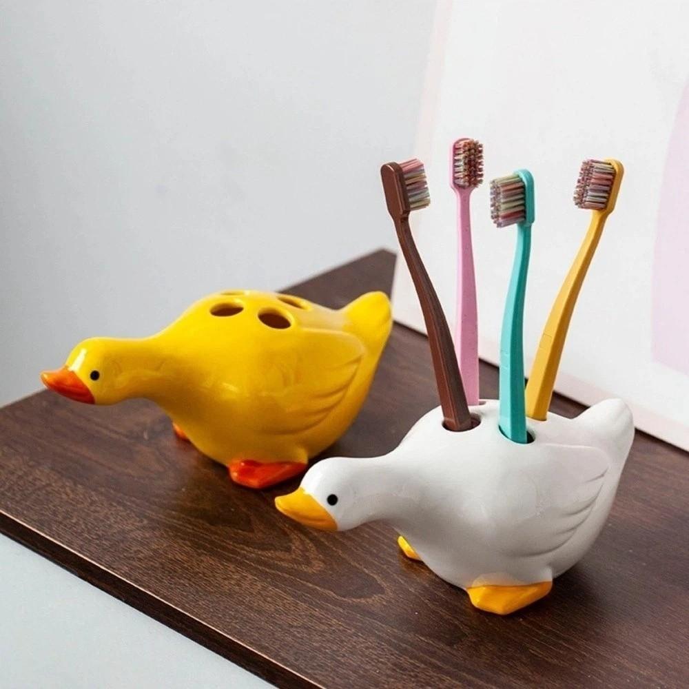 Duck-Shaped Ceramic Toothbrush Holder Cartoon Washroom Storage Holder Sink Countertop