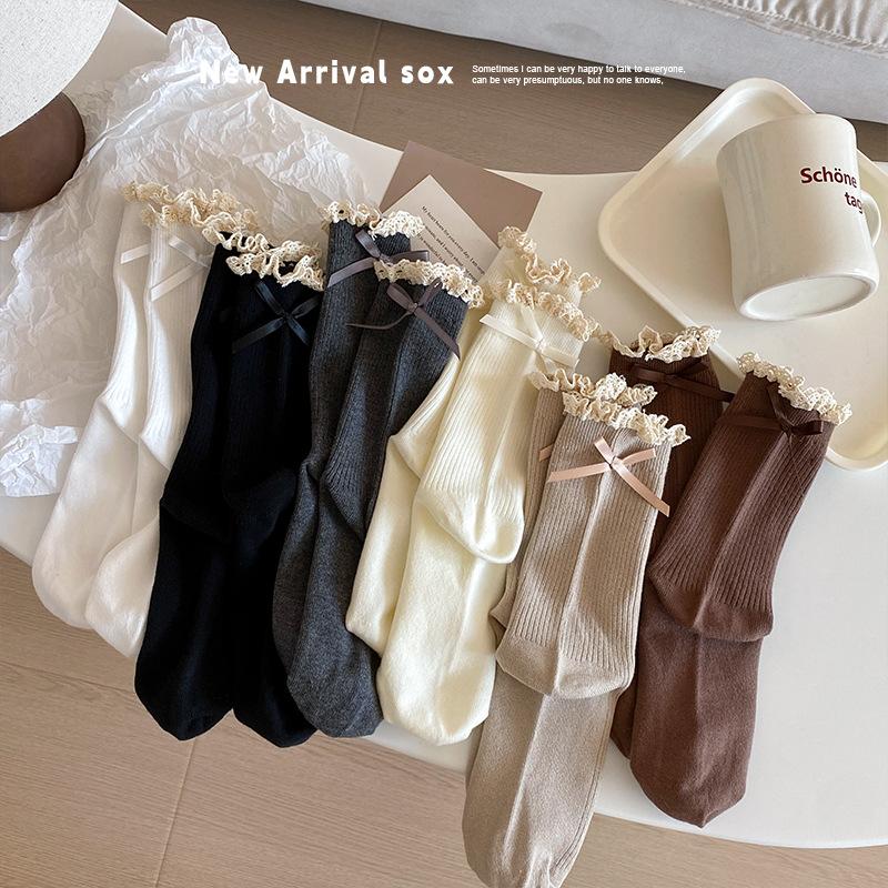 Lace Socks, Cute Mid-calf Lolita Ribbon Bow, White Pile Long Calf, Retro