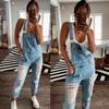 Damen Distressed Denim Latzhose Slim Fit Jumpsuit Lässiger Stil Mittelhohe Gerades Bein Hosen