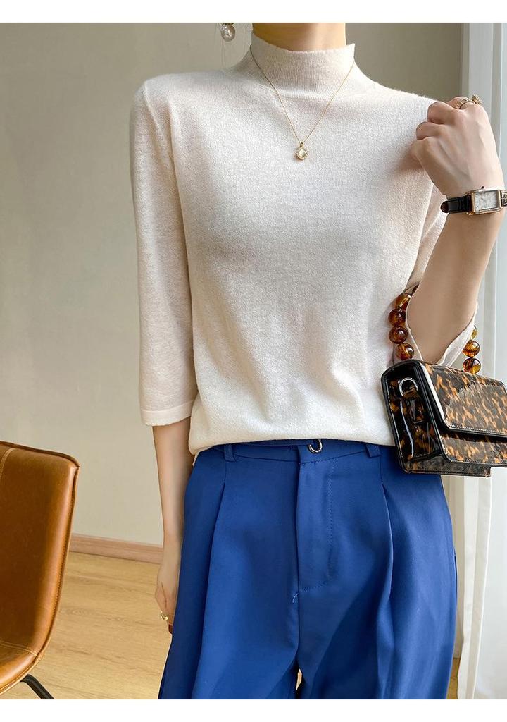 Women's Slim-Fit Half-High Collar Knit Top with Mid-Length Sleeves