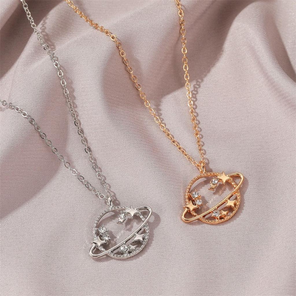 Vintage Inlaid Zircon Star Planet Pendant Necklace For Women Men Exquisite Elegant Hollow Planet Chain Choker Fashion Jewelry