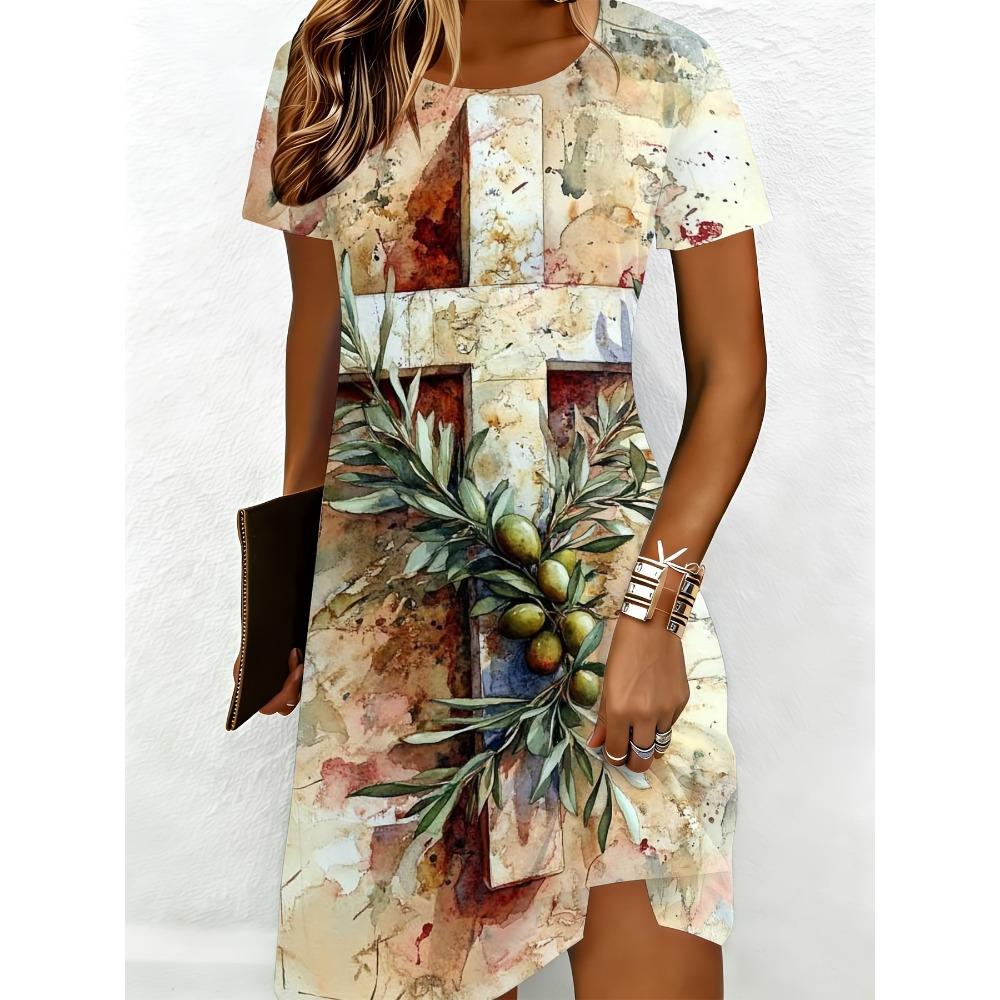 Modisches Sommer Damen Plus Size Kurzarm T-Shirt Kleid Bequem Atmungsaktiv Rundhals 3D Retro Blumenmuster Urlaubs-Partykleid