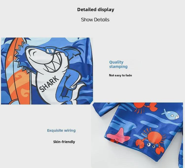 Set de costum de baie cu mânecă scurtă din desene animate 2024 pentru băieți, cu cască de baie și trunchi