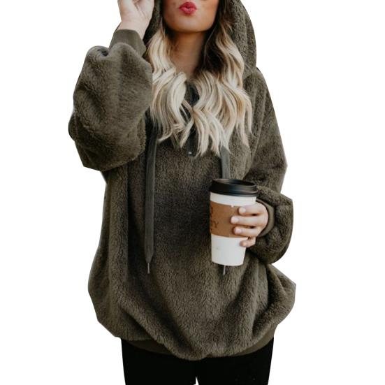 Plus Size Solid Color 1/4 Zip Up Fluffy Hoodies Women Hooded Sweatshirt