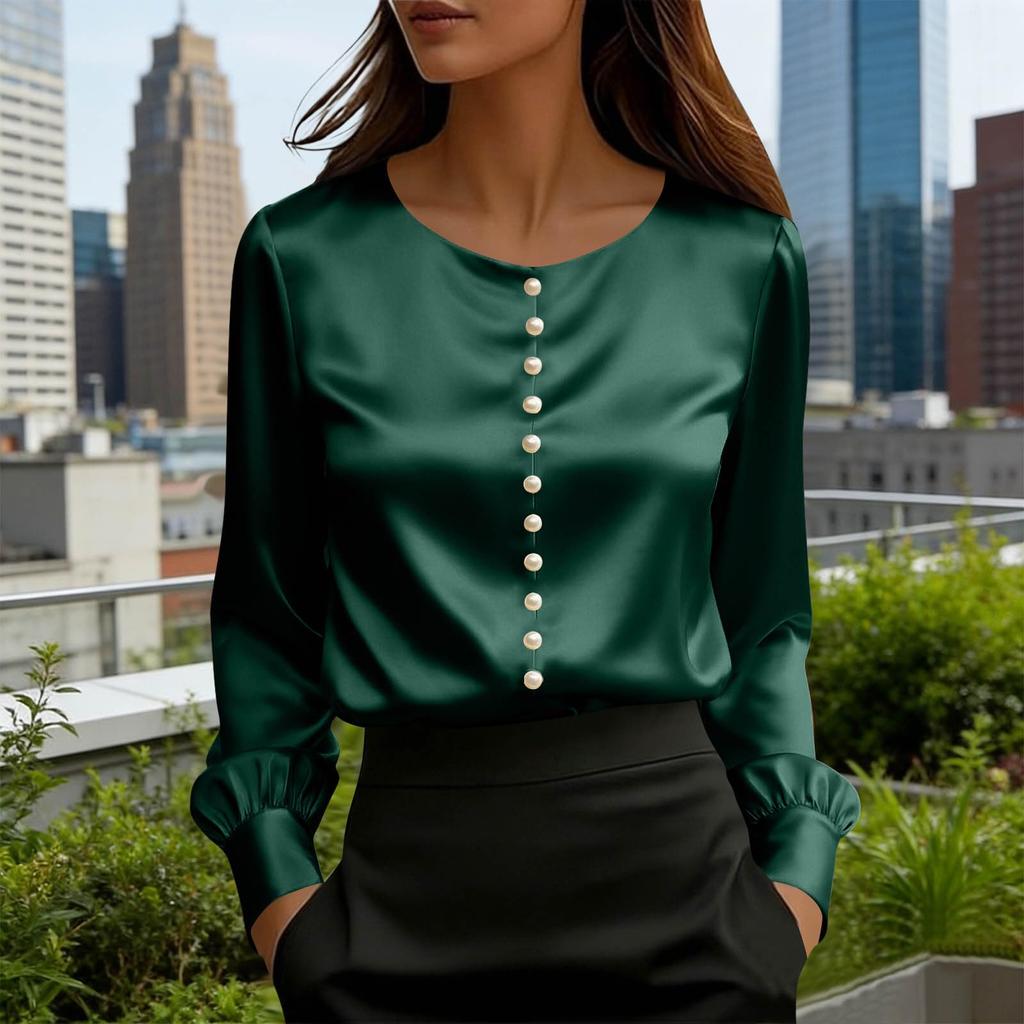 Women's Long-sleeved Satin Color Shirt. Pearl Button Collar. Round Neck Silky Smooth Business Casual Top
