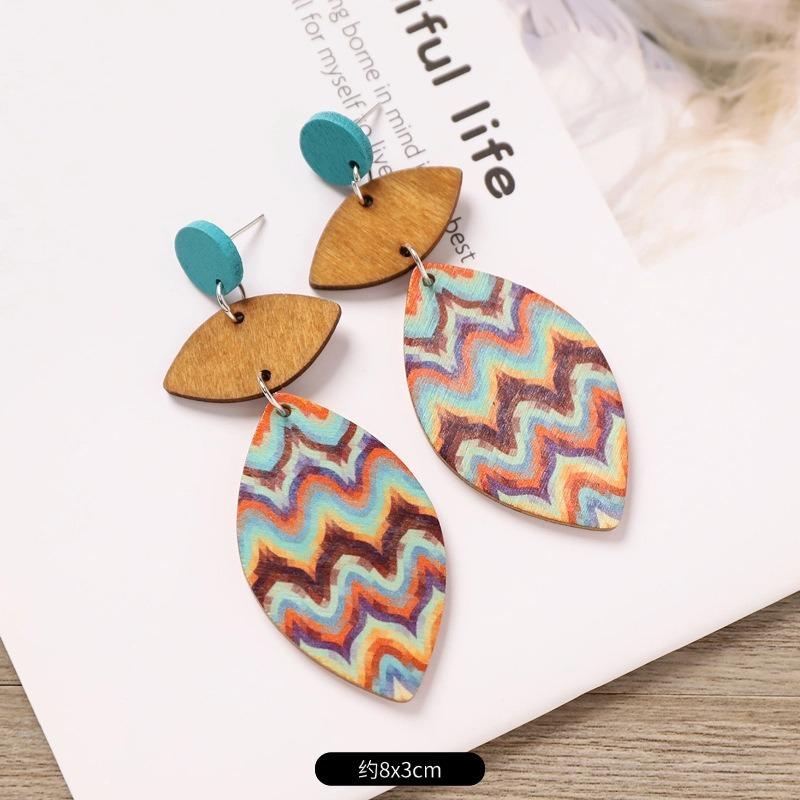 Bohemian Wood Stud Earrings Niche Design Geometric Stripe Print Earrings Femininity Personality Earrings