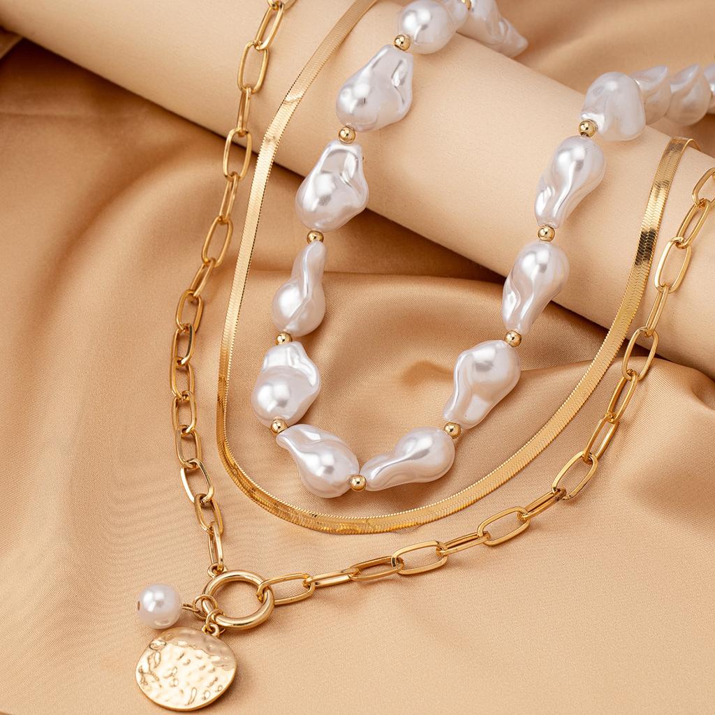 3 fashion retro trend special-shaped artificial pearl necklace set metal round brand pendant women stacked jewelry