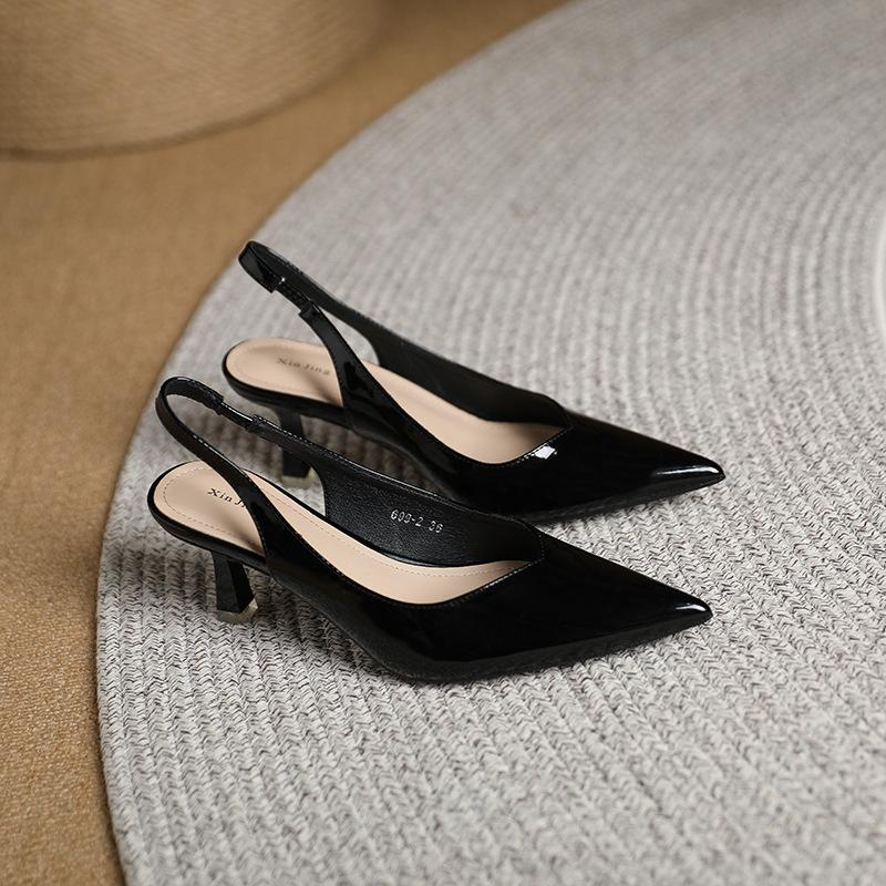 Elegant Slingback High Heels Sandals Woman Rear-Strap Shoes Ladies Office Dress Shiny Leather Pumps Pointed Toe Cut-Out Tacones