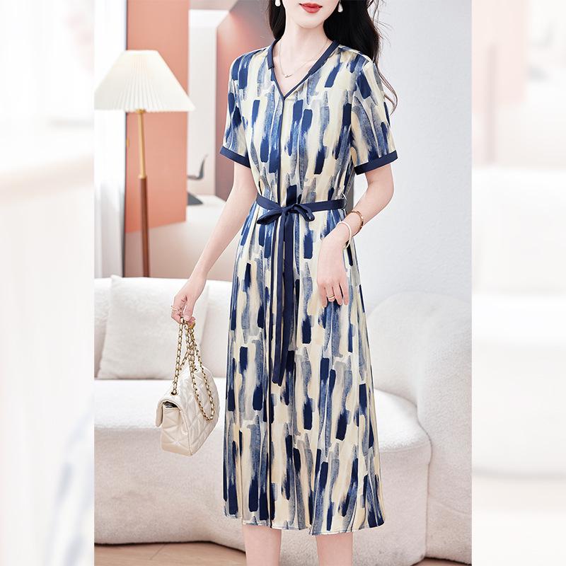 Women's V-Neck Satin Silk Dress - Medium Length, Summer 2025 Collection, Short Sleeves