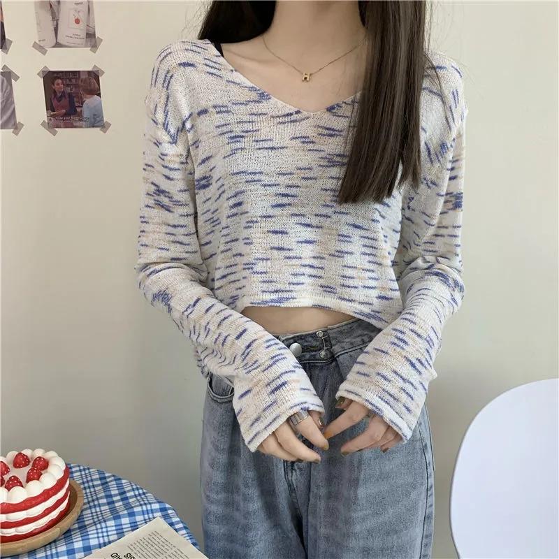 Sweater Rainbow Dye Striped Cropped Short Sweater Long Sleeve Knit V-Neck Loose Top Pullover Knit