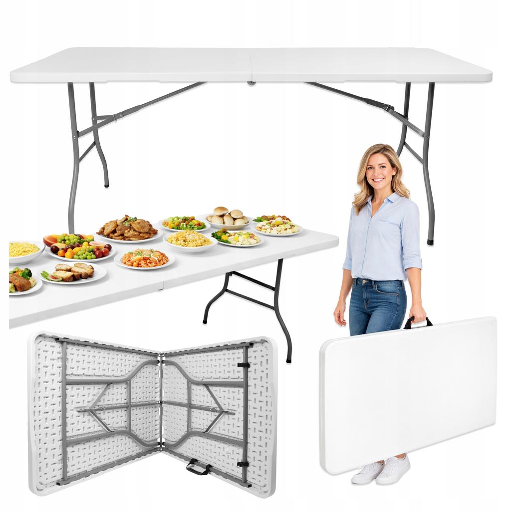 [15] Large foldable garden catering table in a suitcase, white, 180 cm D1153