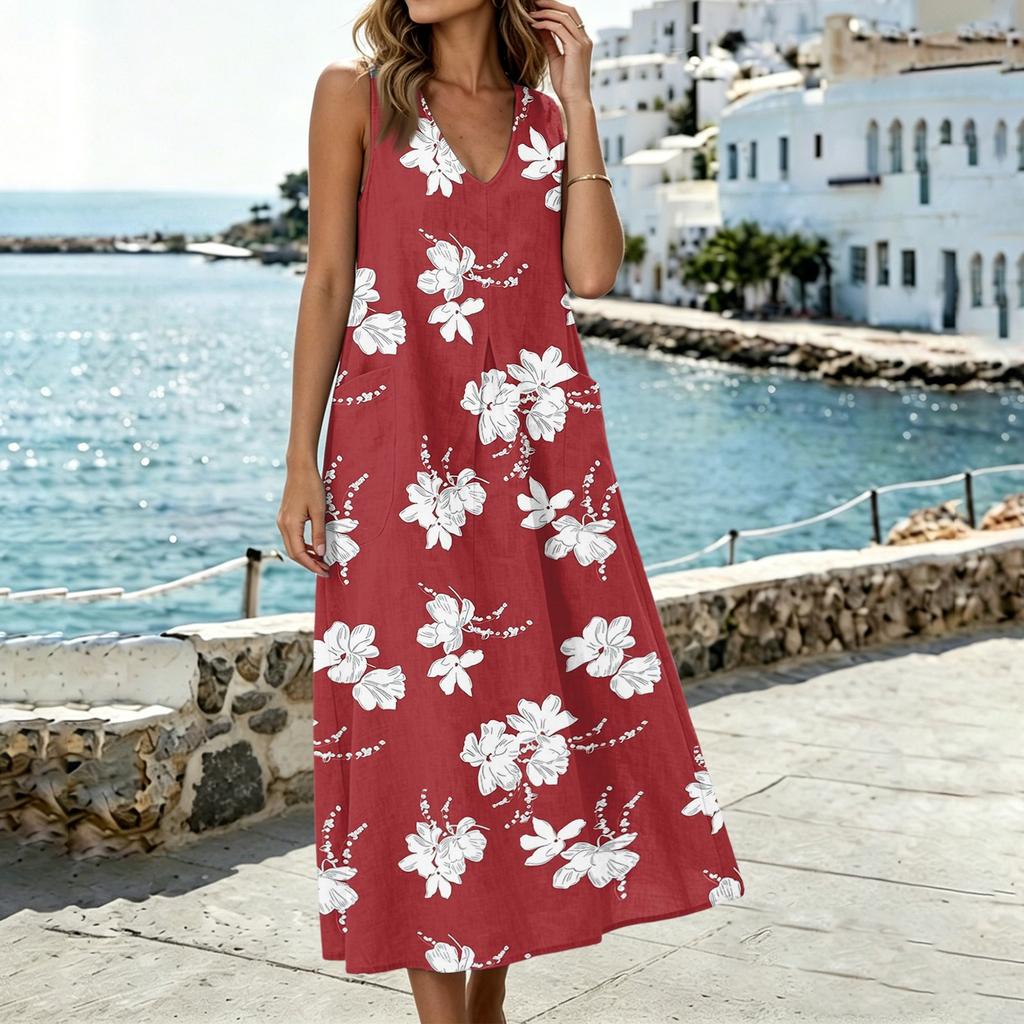 Women Sleeveless V Neck Dress with Pockets Split Hem Floral Print Cotton Linen Blend Casual Summer Midi Dress
