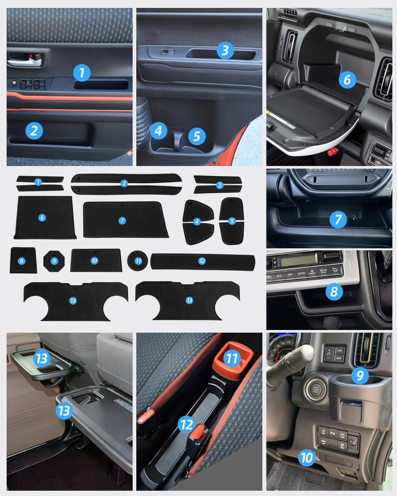 LANGBEAN Interior Rubber Mats for Suzuki Hustler Door Pocket Scratch and Noise Set MR92S/MR52S, Non-Slip Mats, Prevention, 19-Piece (Black)