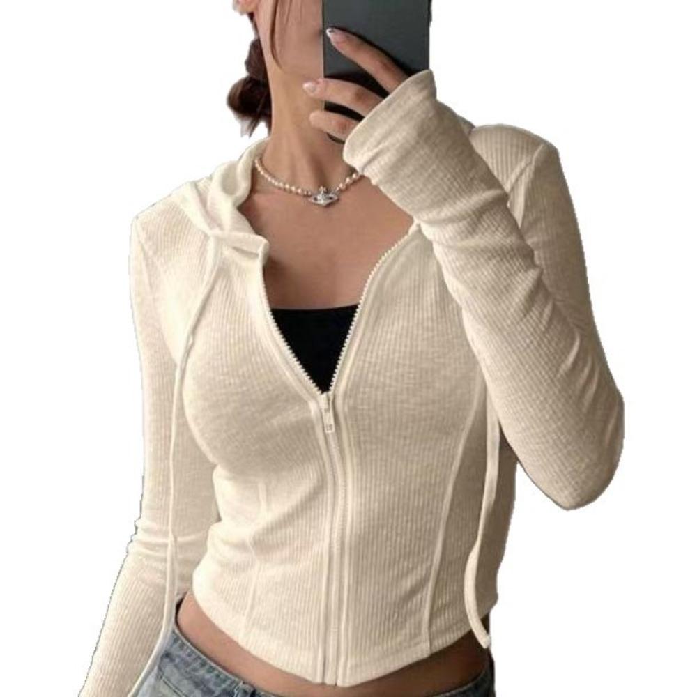 Módní dámská žebrovaná mikina s kapucí, Cropped top na zip s dlouhým rukávem, Univerzální ležérní top pro letní a jarní denní outfity