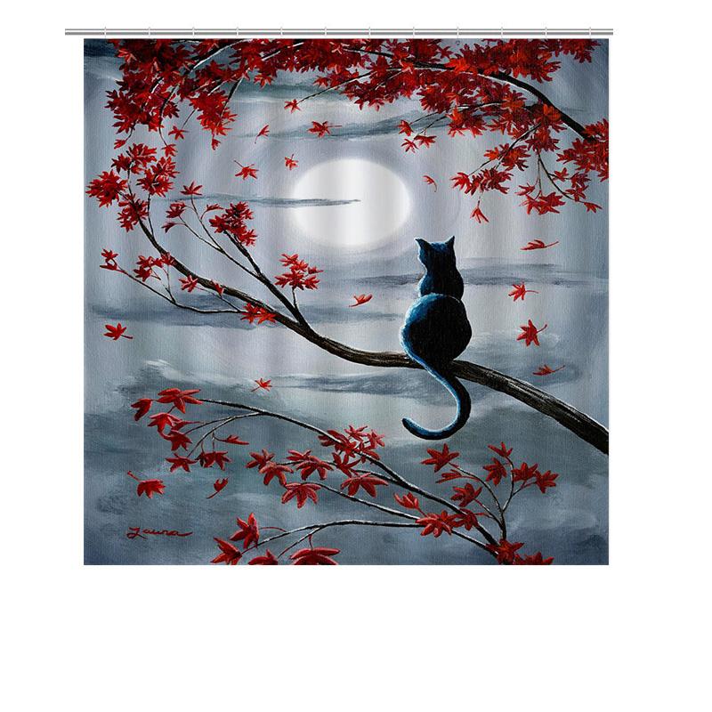 Whimsical Cat Moonlit Night Shower Curtain: Red Maple Leaves And Blue Sky Pattern Decor For Bathroom Home Decoration In Modern D