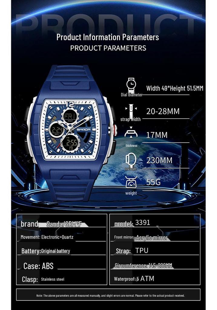 Sanda Men's Sports Barrel-Shaped Luminous Countdown Watch with Triple Time Zone and Dual Display, Waterproof Design.