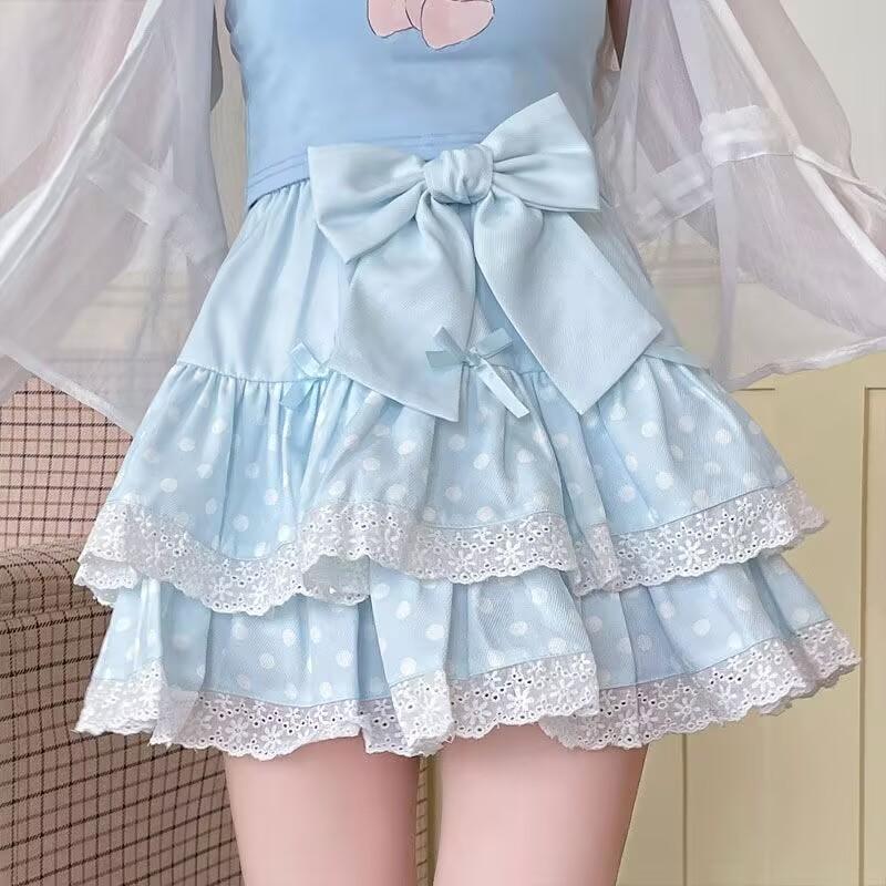 Vintage Harajuku Lolita Style Mini Skirt Women Kawaii Polka Dot Bow Lace Cake Pink Skirt Gothic Cute Sweet Schoolgirl Y2k Skirts