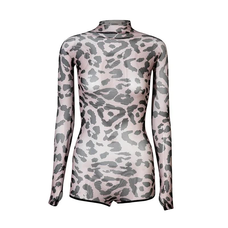 Woemn Latin Dance Body Mesh Top Jumpsuit Leopard Bodysuit Ballroom Dancing Leotard Latin Training Practice Wear Rumba Chacha