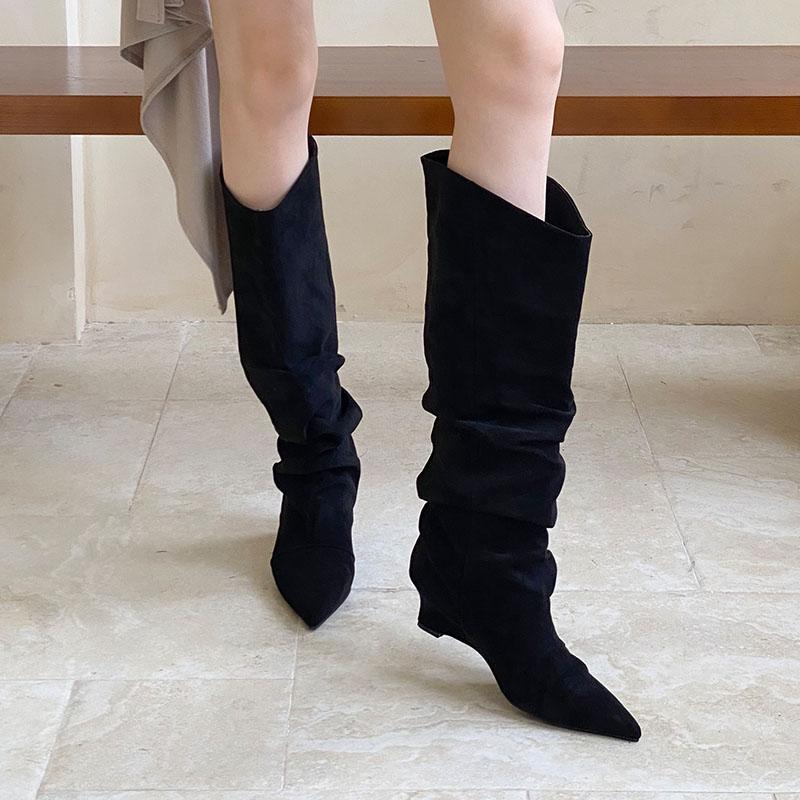 Mode Moderne Damen Kniehohe Stiefel Damen Keilschuhe Mode Slip-On Damen Lange Chelsea Stiefel Mit Keilschuhen Winter Herbst