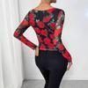Women S French Style Rose Floral Mesh Print Sexy U Neck Long Sleeve T Shirt