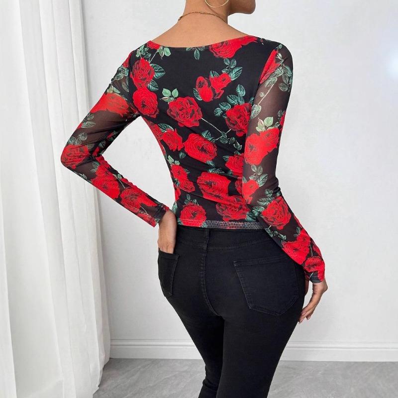 Women S French Style Rose Floral Mesh Print Sexy U Neck Long Sleeve T Shirt