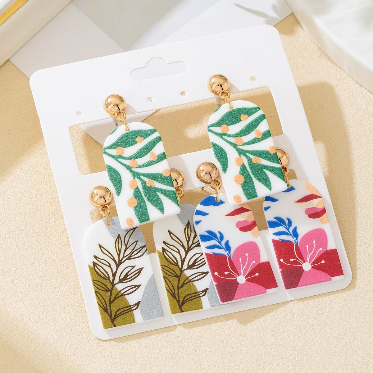 

1 set of 3 pairs geometric art print watercolor plant flower pattern pendant suitable for ladies party party vacation