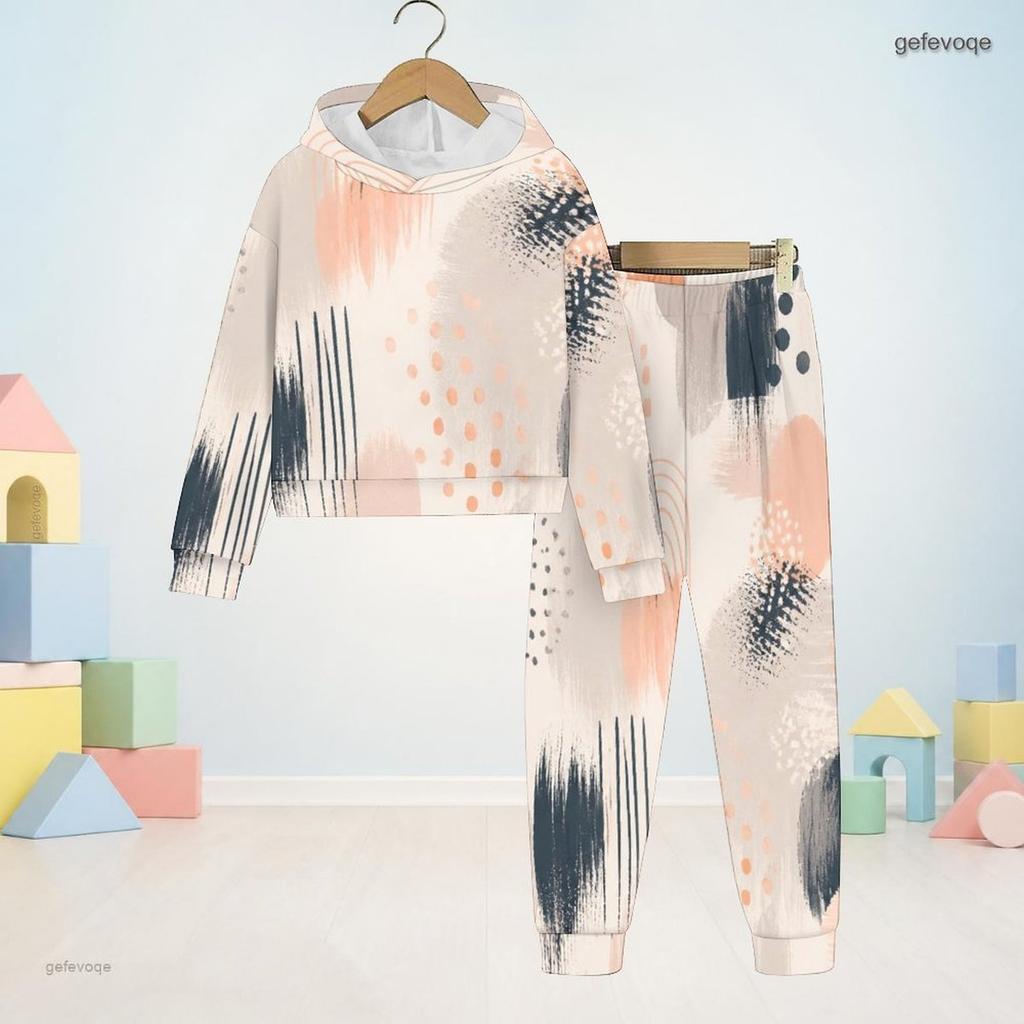 Boys Girls Abstract Floral Printed Hooded Long Sleeve Sweatshirt Cuffed Pants Two Piece Set
