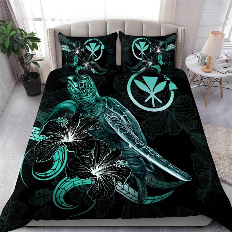 Hibiscus Floral Duvet Cover Tribal Polynesian Turtle Bedding Set Hawaiian Polyester Comforter Cover King Size For Kid Adult Teen