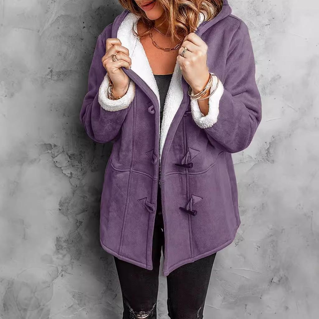 Winter Women's Mid-Length Shearling Coat, Detachable Faux Fur Collar Jacket With Pockets, Simple Pure Color Casual Buttoned Cardigan For Daily Wear