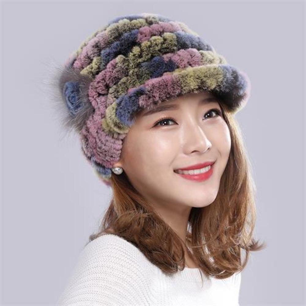 Autumn and Winter Rex Rabbit Fur Duckbill Hat with Rose Side Flower Women's Fox Fur Hat Knitted Warm Thick Fashion Hat with Brim