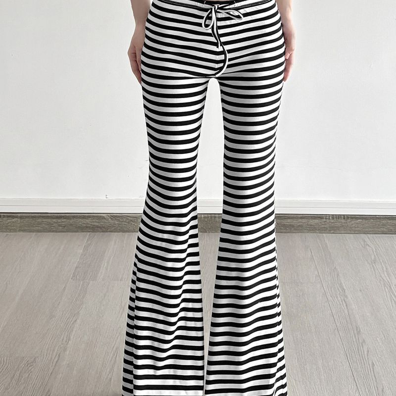 American Street Idle Style Stripe Design High Waist Lace-up Straight Bootcut Trousers Gyaru Slimming Knitted Casual Trousers