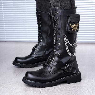 Luxury Mens Leather Boots Motorcycle Boots Punk Rock Gothic Boots for Men Lace-up Cowboy Boot Mid-calf Knight Boot Botas