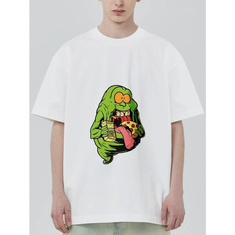 Übergroßes T-Shirt Schwarz Grün Monster isst Pizza und Soda Grafikdruck Lässige Streetwear für Männer und Frauen