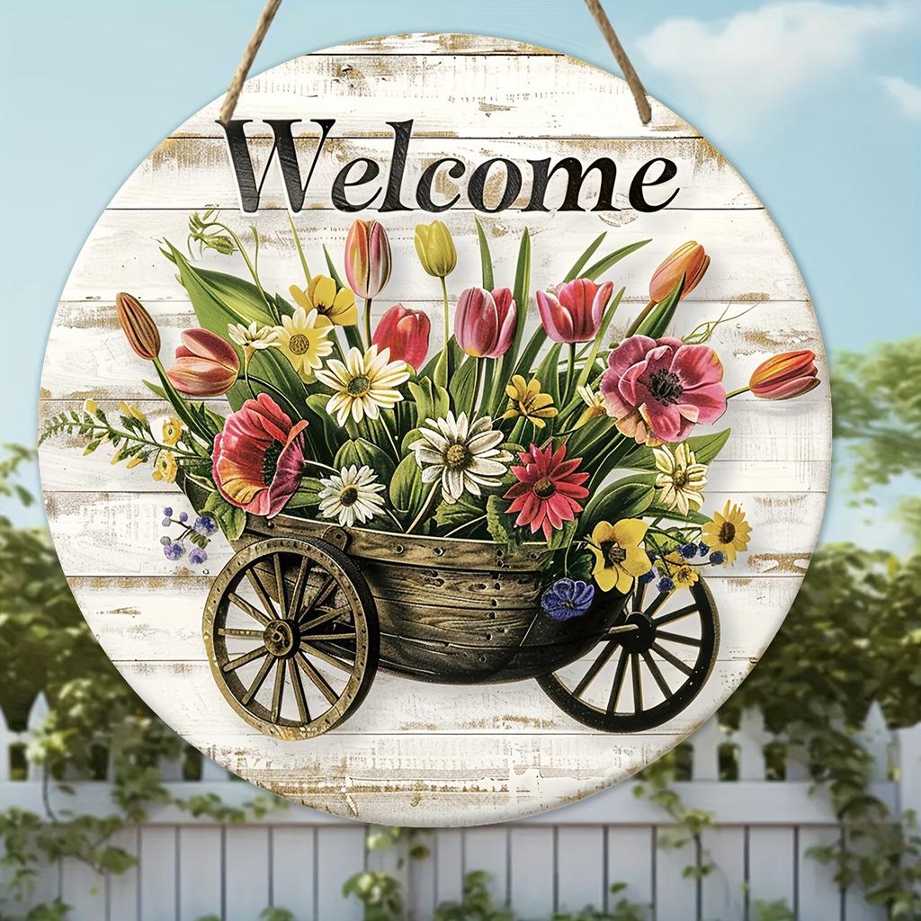 A welcome sign with pattern design -1 round artificial wood hanging sign, suitable for home, room, festival, coffee shop