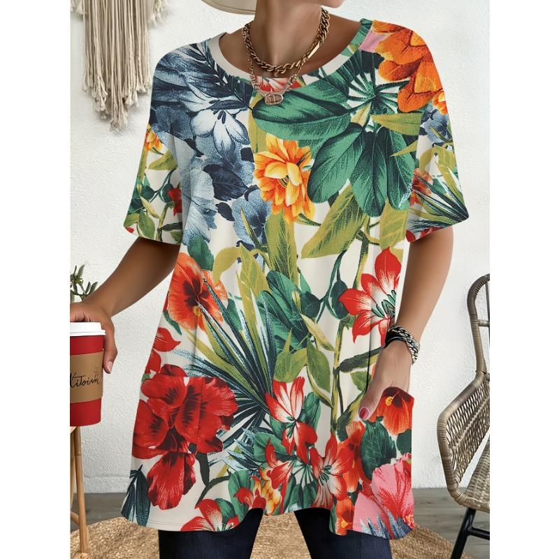Loose Fit Printed T-Shirt with Tropical Floral Pattern, Featuring Pocket Design, Ideal for Daily Commuting, Beach Vacation, Casual Gatherings, 2XL