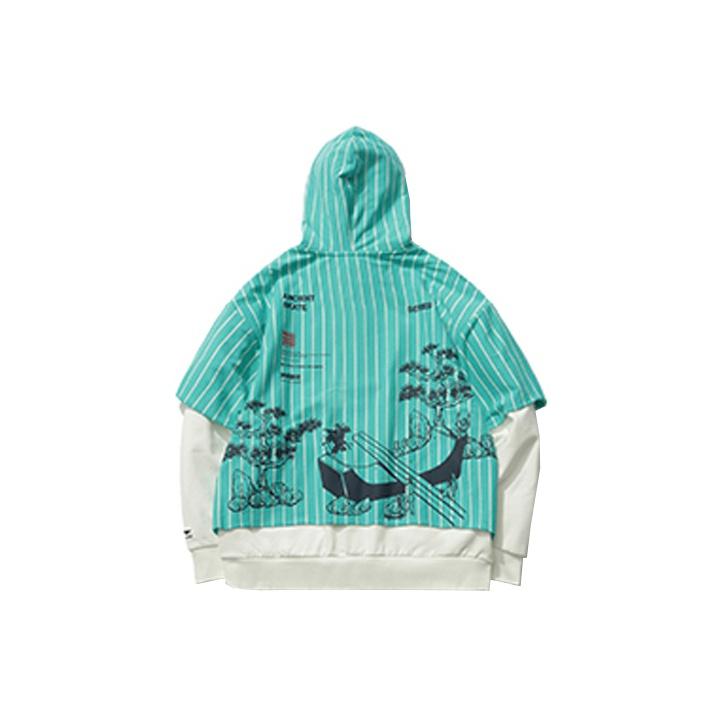 Li Ning Skateboard Series Fake Two-Piece Striped Splicing Pullover Hoodie Men hoodies Champagne-White Ice-Porcelain-Green AWDR119-3