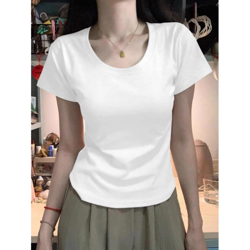 Milk Yellow Design Straight Shoulder Pure Cotton U-neck Short-sleeved T-shirt Women's Summer Spice Short Slim-fitting Waist Top