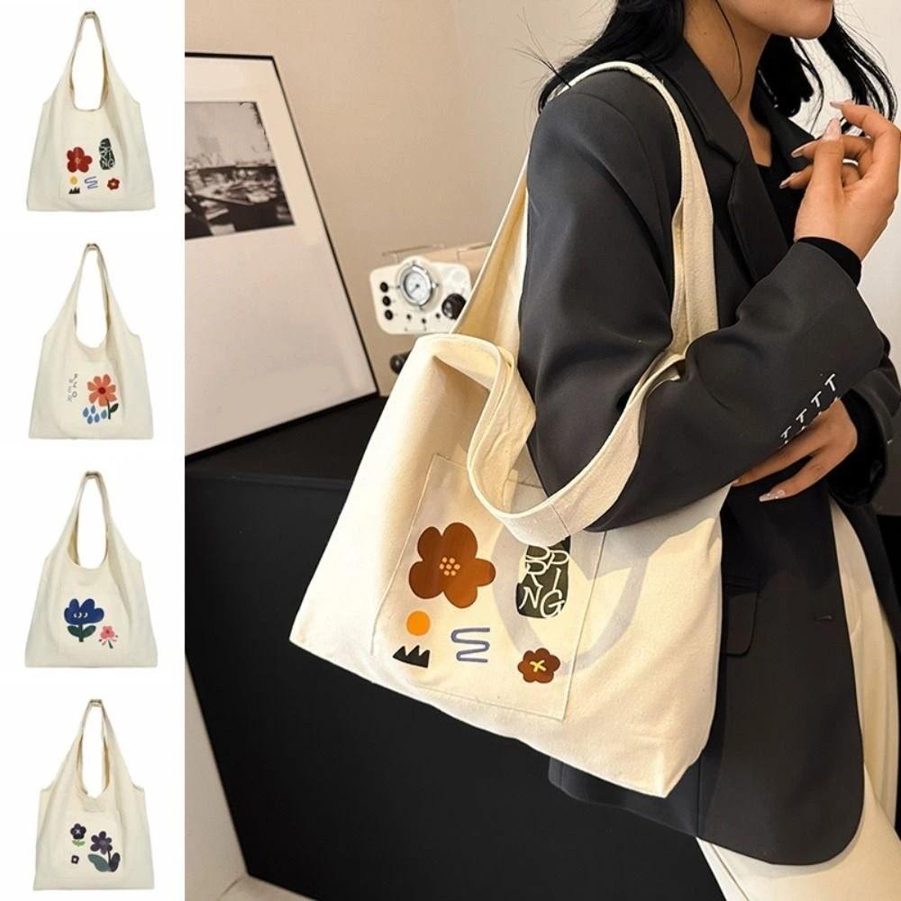Korean Style Canvas Shoulder Bag Large Capacity Women's Armpit Bag Cute Flower Tote Bag Girls