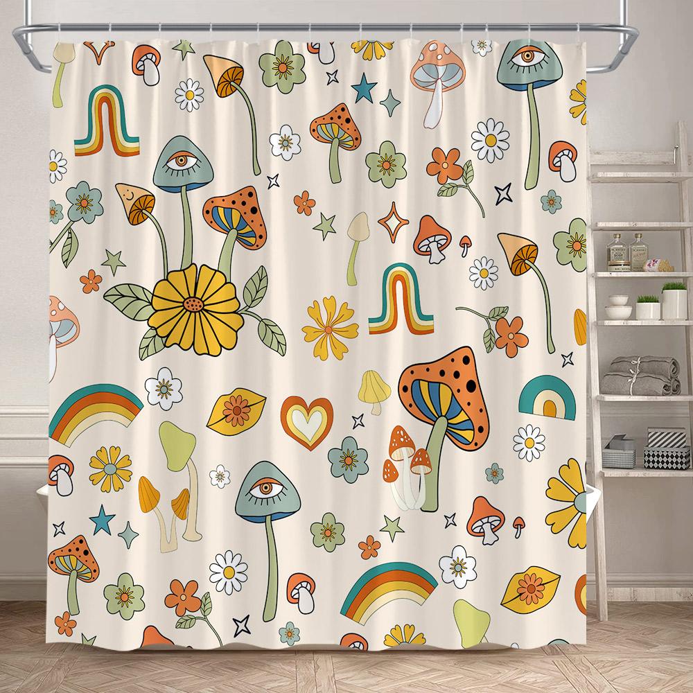 Rustic Mushroom Shower Curtain Floral Plant Leaves Moth Dragonfly Black Bathroom Curtains Polyester Fabric Home Decor with Hooks