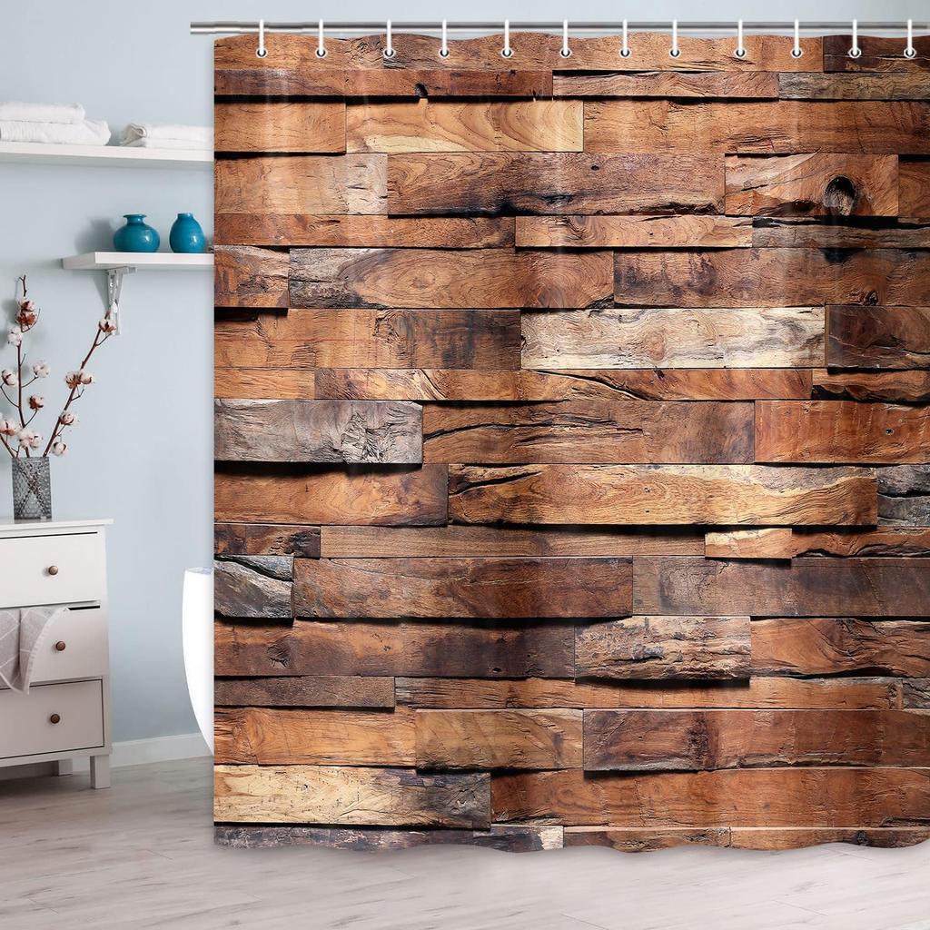 JAWO Rustic Barn Door Shower Curtain, Wood Panels Wall and Floor Texture, Polyester Fabric Bathroom Decor, Bath Curtain with Hook, Bathroom