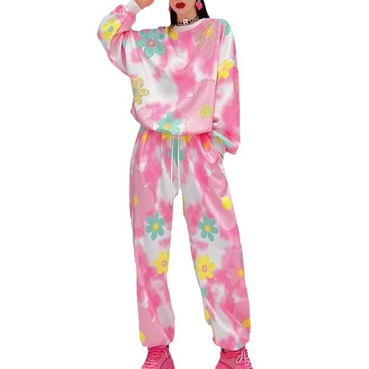 Europäischer Stil Frühling und Herbst Neue lässige Sportanzug Damenmode Pullover Hose locker und dünn College-Stil