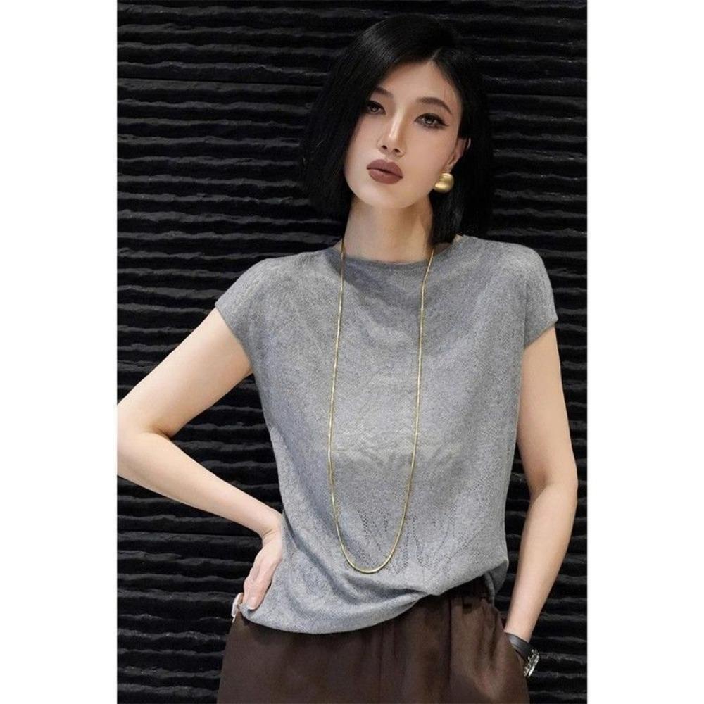 Summer New Niche Design Unique and Chic Age-reducing Coffee Color Right Shoulder Knitted Short-sleeved T-shirt Top