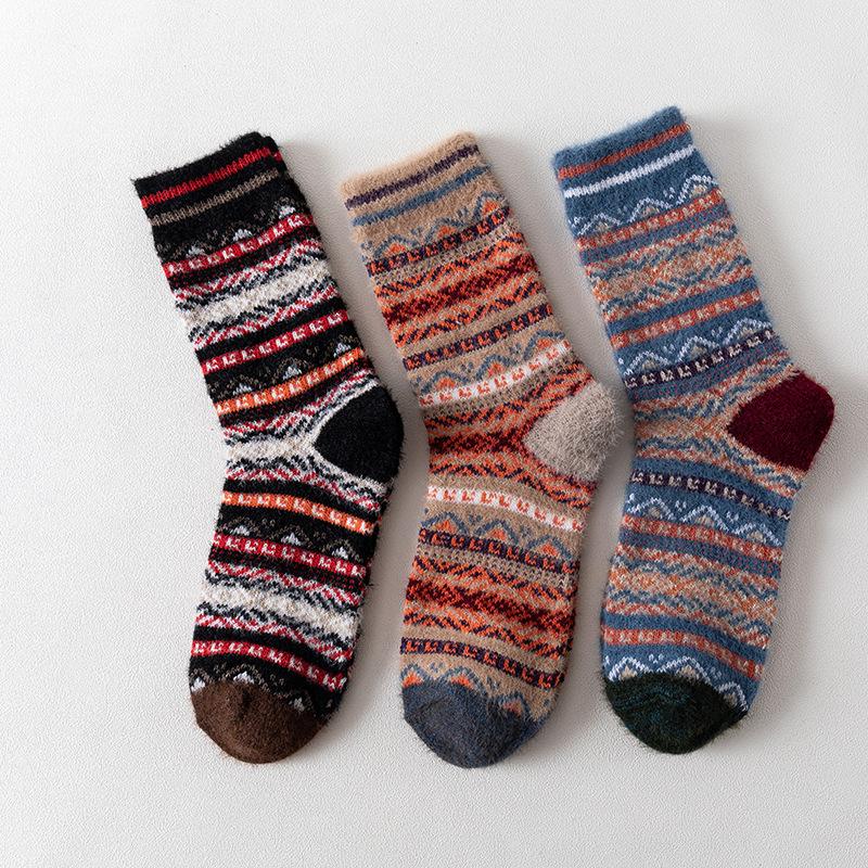 3 Pairs of Women's New Winter Bar Imitation Ferret with Thick Warm Rabbit Wool Tube Socks