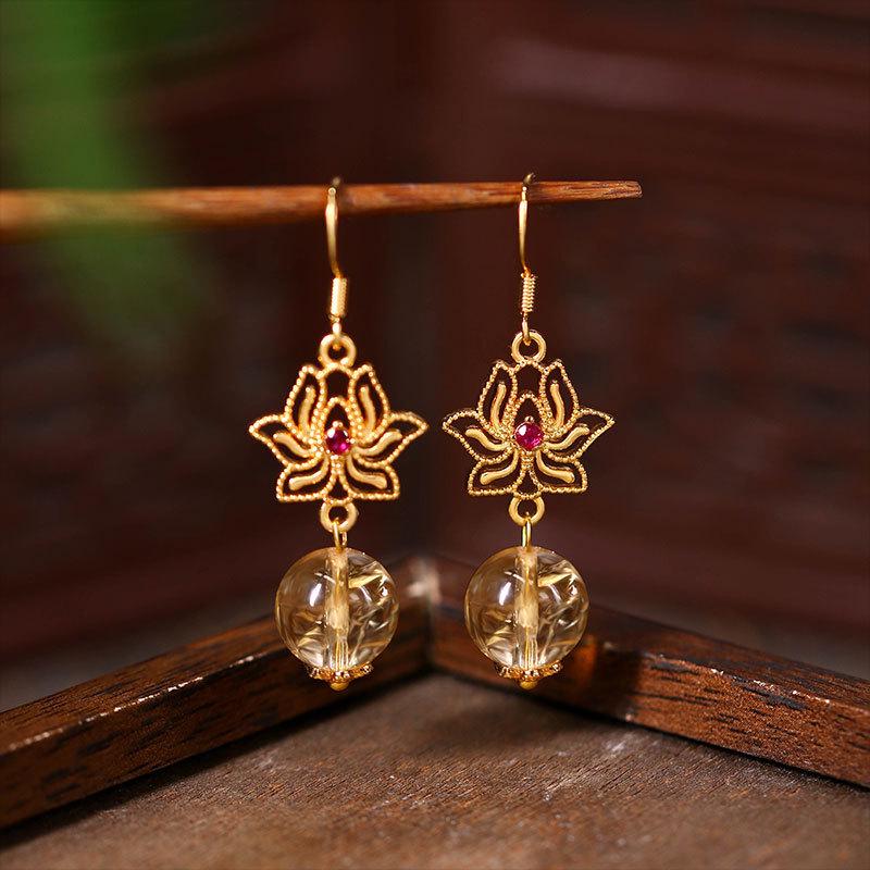 2026 Guochao High-End Chinese Style Yellow Crystal Dangle Earrings for Women - Niche Qipao Light Luxury Natural Yellow Crystal