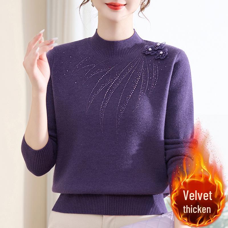 Mom's Warm Velvet Knit Sweater for Autumn & Winter - Ideal for Middle-aged & Elderly