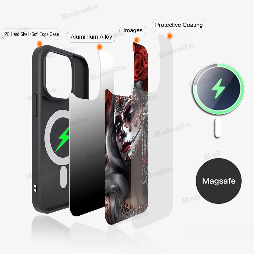 Catrina Beautiful Rose Girl Skull Phone Magnetic Case For IPhone 16 14 13 12 11 15 ProMax Plus For Magsafe Wireless Charge Cover