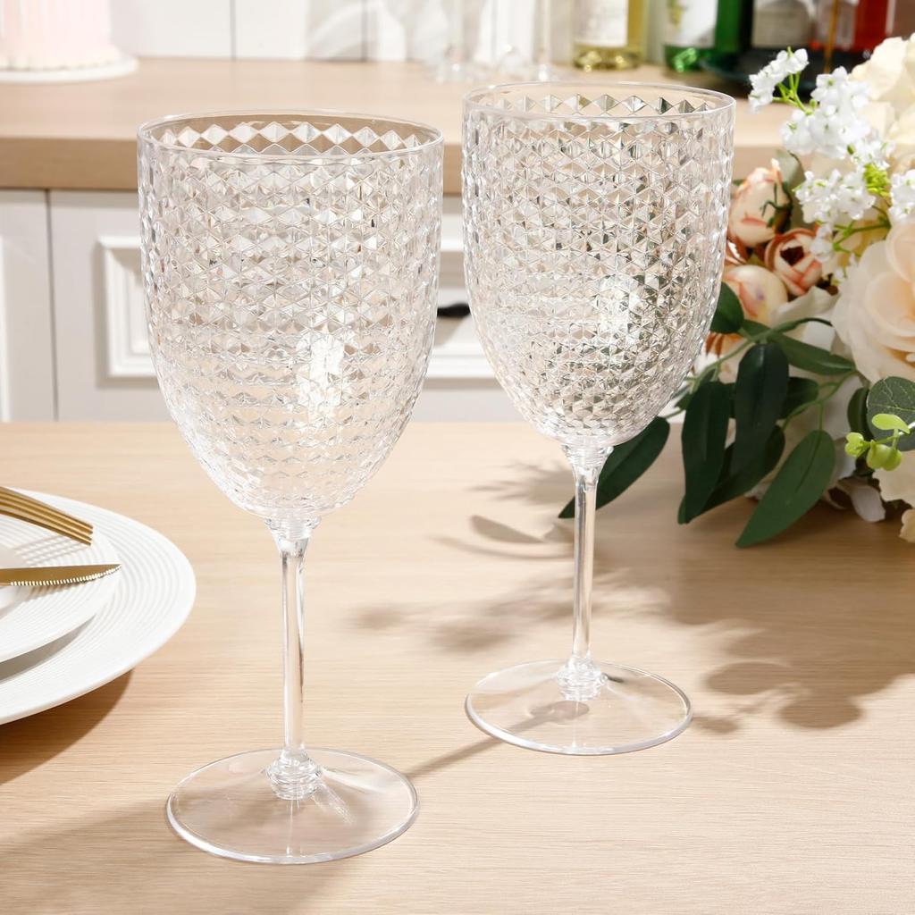 24 Pcs 13oz Reusable Plastic Wine Glasses, Detachable Stem Champagne Flutes, Crystal Pink Goblets for Wedding, Christmas Party,