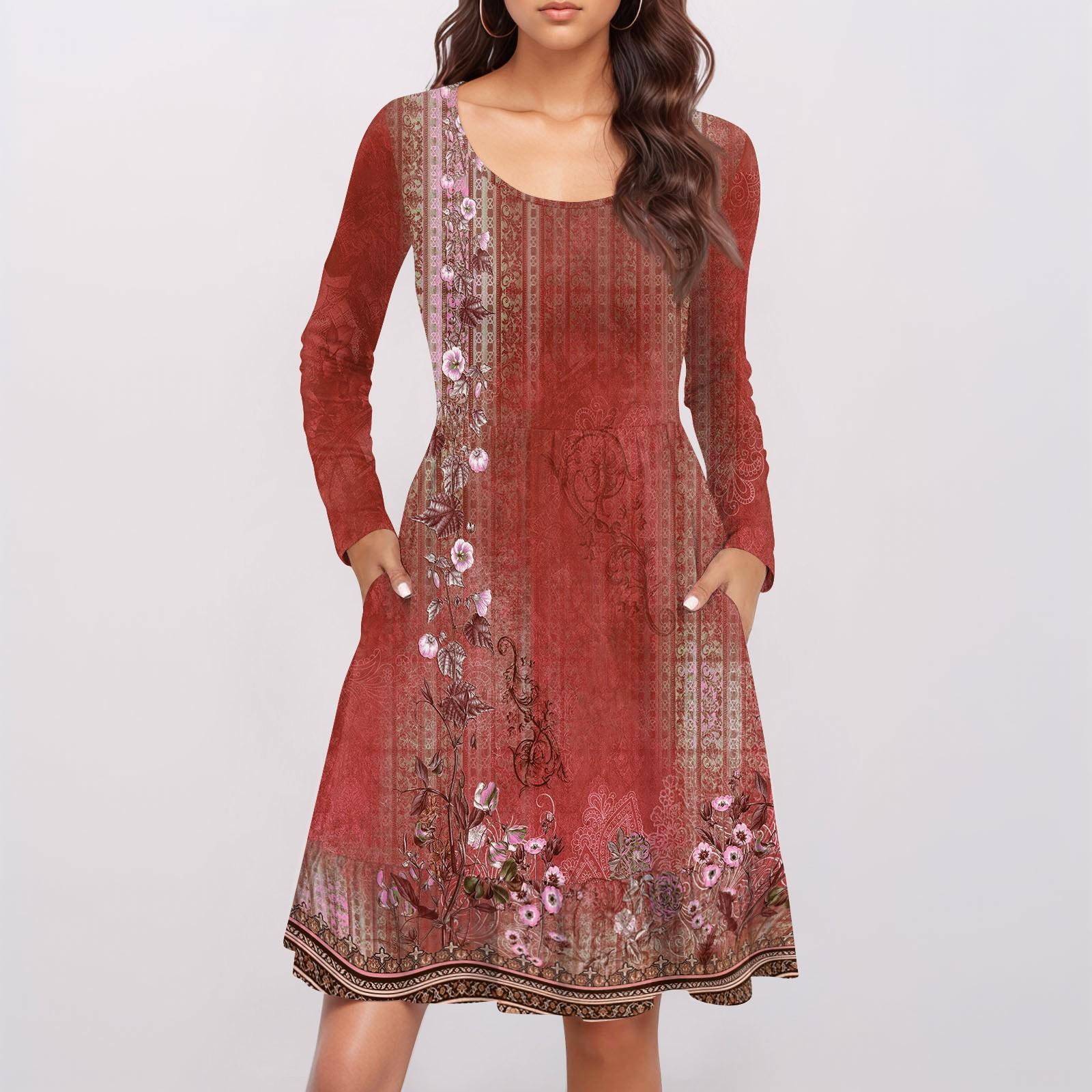 

Женское модное платье с круглым вырезом и длинными рукавами, с принтом, свободная талия, плиссированное повседневное платье XXXL винный